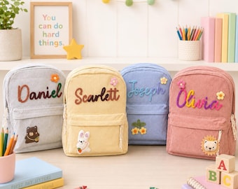Custom Chenille Name School Kid Backpack, Personalized Yarn Name School Bag, Embroidery Corduroy Child Bag, Back To School Gift for Boy Girl