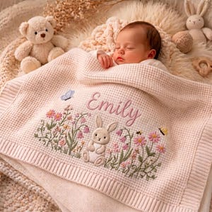 May include: A light pink waffle-knit baby blanket featuring an embroidered design of a small rabbit, pink flowers, and butterflies. The name Emily is stitched in pink script above the rabbit. A beige teddy bear and a white rabbit toy are visible.