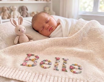 Custom Floral Embroidered Baby Name Blanket, Personalized Wildflowers Newborn Blanket, Welcome Baby Nursery Keepsake, Newborn Gift for Baby