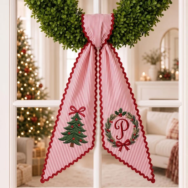 Custom Embroidery Christmas Tree Name Wreath Sash, Personalize Monogram Bow Christmas Decor, Stripe Ribbon Bow Front Porch Decor