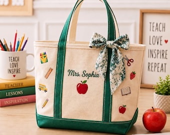 Personalized Teacher Tote Bag, Embroidered School Icons Canvas Bag, Custom Name Teacher Appreciation Gift, Back to School Gift