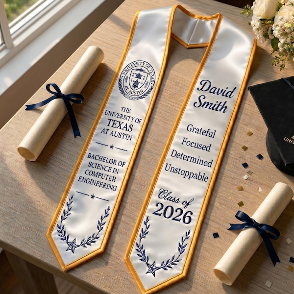 Custom Embroidered Graduation Stole, Personalized Gold Sash Class Of 2026, Customized Bachelor Of Science Honors, Graduate Gift