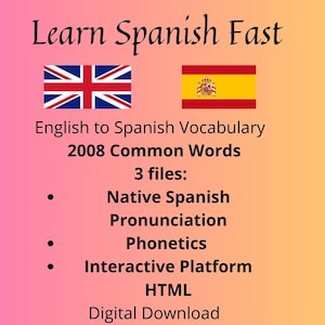 May include: A digital download titled Learn Spanish Fast featuring the UK and Spanish flags. It includes English to Spanish vocabulary with 2008 common words, three files covering native Spanish pronunciation, phonetics, an interactive platform, and HTML.