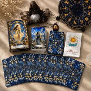 Könnte beinhalten: Ein Stellar Veil Tarot-Kartenset mit Schachtel, Begleitbuch und 78 Karten mit dunkelblauem Sternenhimmel-Hintergrund und goldenen Blumenmustern. Enthält eine kreisförmige Tierkreis-Tafel, eine dunkle Figur und einen Anhänger an einer schwarzen Kordel.