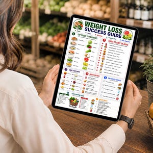 May include: A digital tablet displaying a Weight Loss Success Guide infographic. The chart features sections titled Top Foods to Prioritize, Foods to Limit or Avoid, Smart Food Swaps, Biggest Mistakes, Daily Success Checklist, Quick Shopping Guide, and Golden Rules.