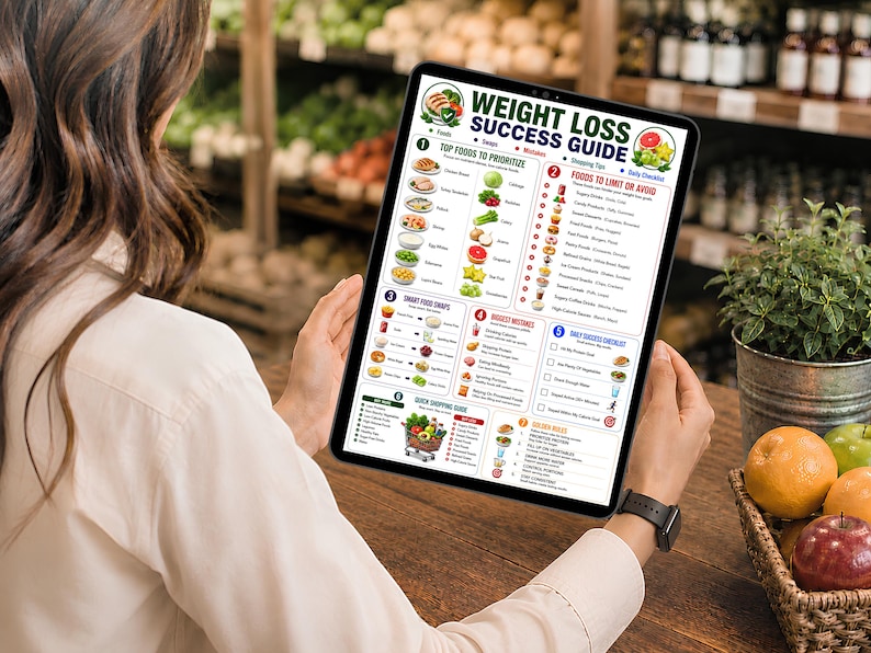 May include: A digital tablet displaying a Weight Loss Success Guide infographic. The chart features sections titled Top Foods to Prioritize, Foods to Limit or Avoid, Smart Food Swaps, Biggest Mistakes, Daily Success Checklist, Quick Shopping Guide, and Golden Rules.