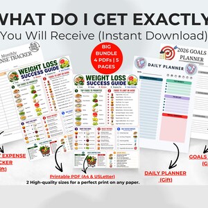 May include: A digital bundle of printable documents including a Monthly Expense Tracker, two Weight Loss Success Guides, a Daily Planner, and a 2026 Goals Planner. The text includes headers like WHAT DO I GET EXACTLY, BIG BUNDLE, and 4 PDFS | 5 PAGES.