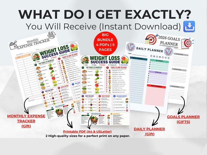 May include: A digital bundle of printable documents including a Monthly Expense Tracker, two Weight Loss Success Guides, a Daily Planner, and a 2026 Goals Planner. The text includes headers like WHAT DO I GET EXACTLY, BIG BUNDLE, and 4 PDFS | 5 PAGES.