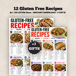Puede incluir: Una colección digital de 12 recetas sin gluten en tamaños A4 y US Letter, presentada en 5 archivos PDF. Las páginas incluyen tarjetas de recetas numeradas con fotografías de comida, listas de ingredientes e instrucciones, y un gráfico de estrella +3 GIFTS.