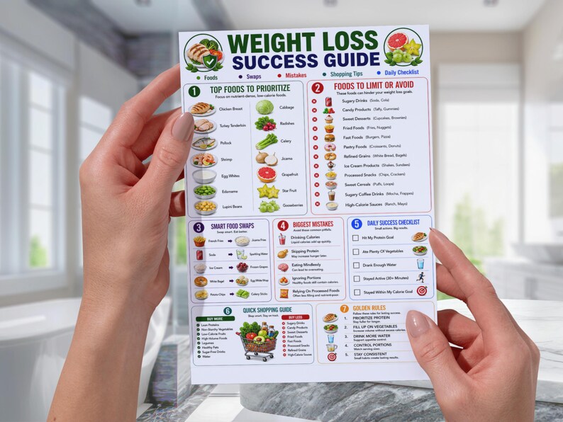 May include: A white informational chart titled Weight Loss Success Guide featuring seven numbered sections with colorful icons and text. The guide includes lists of foods to prioritize, foods to limit, smart food swaps, common mistakes, a daily checklist, a shopping guide, and golden rules.