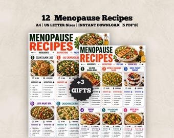 May include: A digital document titled 12 Menopause Recipes featuring A4 and US Letter sizes. The layout includes numbered recipe cards with food photography, ingredient lists, and instructions. A black starburst graphic displays the text +3 GIFTS.
