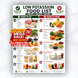 Könnte beinhalten: Eine Liste für kaliumarme Lebensmittel mit zwei Spalten namens Foods to Eat und Foods to Avoid mit verschiedenen Lebensmittelabbildungen. Ein rotes und gelbes Banner zeigt den Text THIS WEEK ONLY MEGA SALE! 75% OFF BEST OFFER ALL ITEMS 0.99$ + 3 FREE GIFTS.