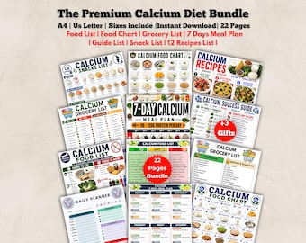 カルシウム食品リストセット｜記入・印刷可能｜骨の健康のための栄養ガイド｜デジタルダウンロード