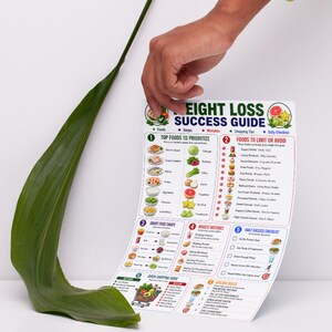 May include: A white informational chart titled Weight Loss Success Guide featuring colorful icons and text organized into seven sections including top foods to prioritize, foods to limit or avoid, smart food swaps, biggest mistakes, and a daily checklist.