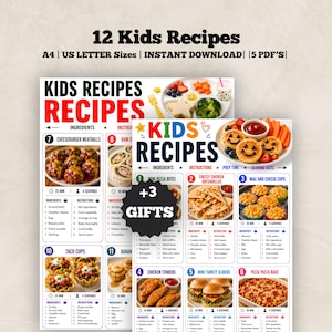 May include: A digital collection of 12 kids recipes formatted as A4 and US Letter size PDFs. The documents feature colorful headings, food photography, ingredient lists, and instructions for meals like cheeseburger meatballs and pizza pasta bake.