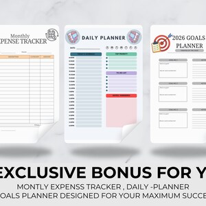 May include: Three printable planner pages featuring a Monthly Expense Tracker, a Daily Planner with hourly slots, and a 2026 Goals Planner. Each page includes organized sections for tracking finances, daily schedules, and long-term objectives.