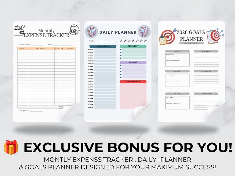 May include: Three printable planner pages featuring a Monthly Expense Tracker, a Daily Planner with hourly slots, and a 2026 Goals Planner. Each page includes organized sections for tracking finances, daily schedules, and long-term objectives.