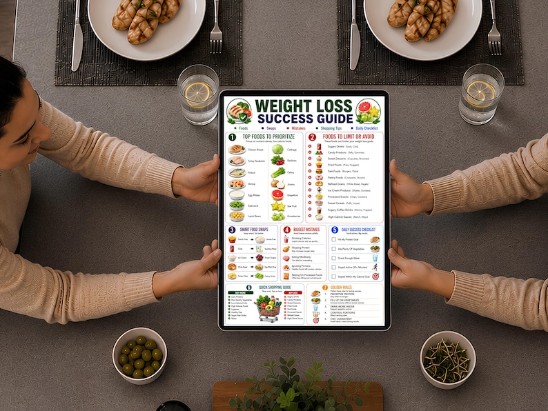 May include: A rectangular digital tablet displaying a Weight Loss Success Guide infographic. The chart features sections titled Top Foods to Prioritize, Foods to Limit or Avoid, Smart Food Swaps, Biggest Mistakes, Daily Success Checklist, and Golden Rules.