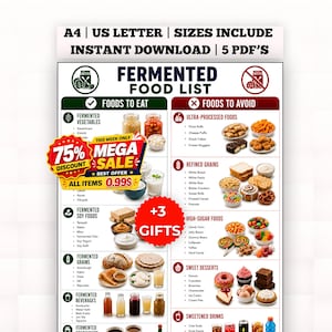 May include: A digital chart titled Fermented Food List featuring two columns labelled Foods to Eat and Foods to Avoid. The document includes lists of various food items, small photographic icons of food, and promotional text overlays including 75% Mega Sale.