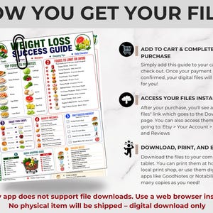 May include: A digital weight loss success guide infographic featuring sections on top foods to prioritize, foods to limit, smart food swaps, biggest mistakes, a daily success checklist, and a quick shopping guide, with instructions on how to download.