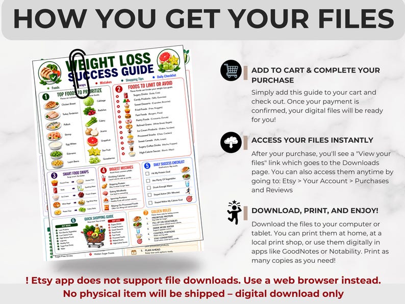 May include: A digital weight loss success guide infographic featuring sections on top foods to prioritize, foods to limit, smart food swaps, biggest mistakes, a daily success checklist, and a quick shopping guide, with instructions on how to download.