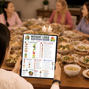May include: A digital tablet displaying a Weight Loss Success Guide infographic. The guide features sections titled Top Foods to Prioritize, Foods to Limit or Avoid, Smart Food Swaps, Freeze Meals, Daily Success Checklist, Quick Shopping List, and Drink More.