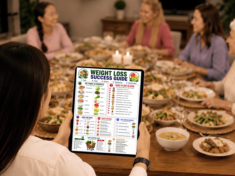 May include: A digital tablet displaying a Weight Loss Success Guide infographic. The guide features sections titled Top Foods to Prioritize, Foods to Limit or Avoid, Smart Food Swaps, Freeze Meals, Daily Success Checklist, Quick Shopping List, and Drink More.