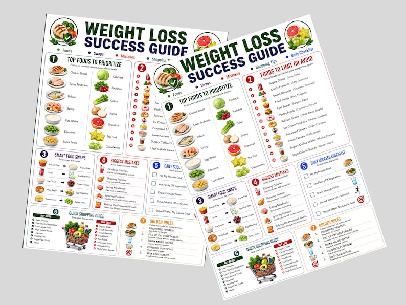May include: Two identical Weight Loss Success Guide charts featuring numbered sections for top foods, smart food swaps, biggest mistakes, a daily success checklist, and a quick shopping guide. The documents include colorful food icons and text.