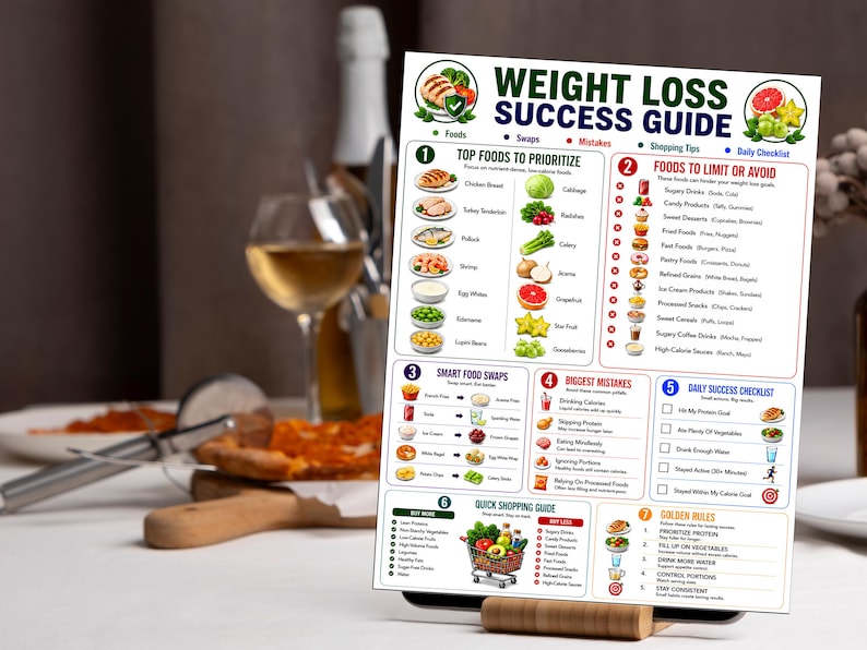 May include: A white informational chart titled Weight Loss Success Guide featuring numbered sections with lists of foods to prioritize, foods to limit, smart food swaps, common mistakes, a daily success checklist, a shopping guide, and golden rules.