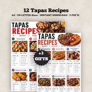 Peut inclure: Une collection de recettes numériques intitulée 12 Tapas Recipes aux formats A4 et US Letter. Le document inclut des instructions pour des plats comme Patatas Bravas, Garlic Mushrooms et Stuffed Piquillo Peppers, avec une étoile noire +3 GIFTS.