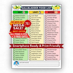 May include: A Gallbladder Food List chart organised into three columns labelled Eat, Limit, and Avoid with checkboxes for each item. The document features a red banner stating Mega Sale and a maroon banner stating Smartphone Ready & Print-Friendly.