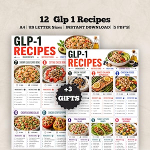May include: A digital document titled 12 GLP-1 Recipes featuring A4 and US Letter sizes. The layout includes numbered recipe cards with food photography, ingredient lists, instructions, prep times, and serving sizes, plus a +3 Gifts badge.