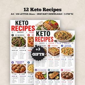 Könnte beinhalten: Eine digitale Sammlung von 12 Keto-Rezepten im A4- und US-Letter-Format. Das Dokument enthält nummerierte Rezeptkarten mit Farbfotos von Gerichten, Zutatenlisten und Anleitungen sowie eine schwarze sternförmige Grafik mit der Aufschrift +3 GIFTS.