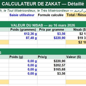 May include: A spreadsheet titled "CALCULATEUR DE ZAKAT - Détaillé" with data on gold and silver, including weights in grams, price per gram, and Nisab values in dollars. The document is in French and includes a section on Zakat for gold and silver.