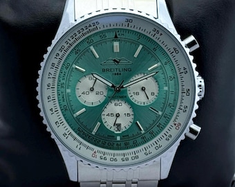 Vintage Herren Breitling Navitimer B01 Quarz Chronograph Grünes Zifferblatt Datum Drehbare Lünette Armbanduhr