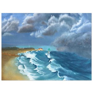May include: An oil painting of a stormy seascape. Dark blue waves crash onto a sandy shore, with a building and a green marker in the distance. Overcast skies fill the upper part of the canvas, creating a dramatic atmosphere.
