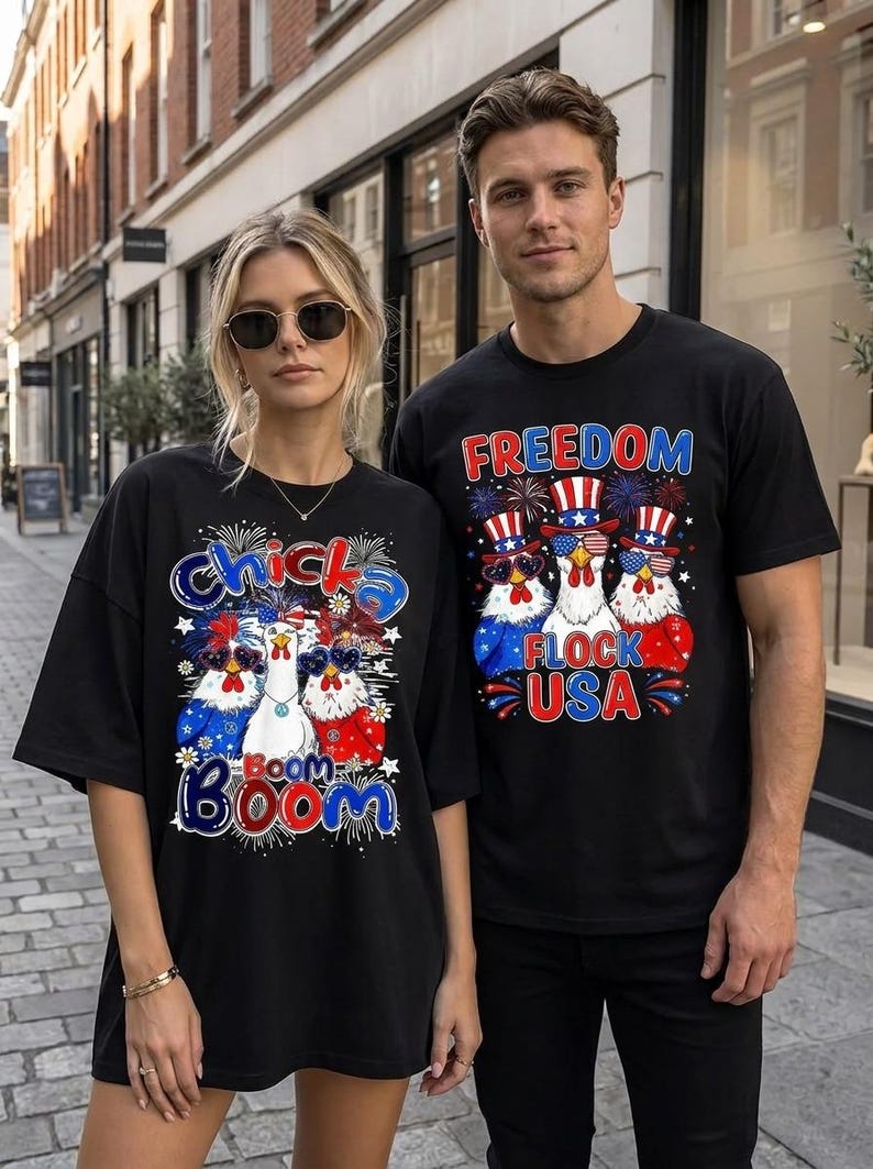 May include: Two black t-shirts featuring graphic prints of chickens wearing patriotic top hats and star-spangled sunglasses. The left shirt displays the text Chicka Boom, while the right shirt features the text Freedom Flock USA with fireworks.