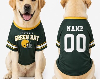 Personalized Green Bay dog jerseys, Pet T-shirts with customizable names and numbers, Dog game day sportswear.