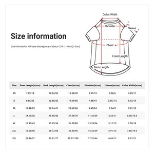 May include: Diagram of a t-shirt with size information. Measurements are provided in inches and centimeters for front length, back length, chest, shoulder, sleeve, and collar width. Sizes range from XS to 3XL.