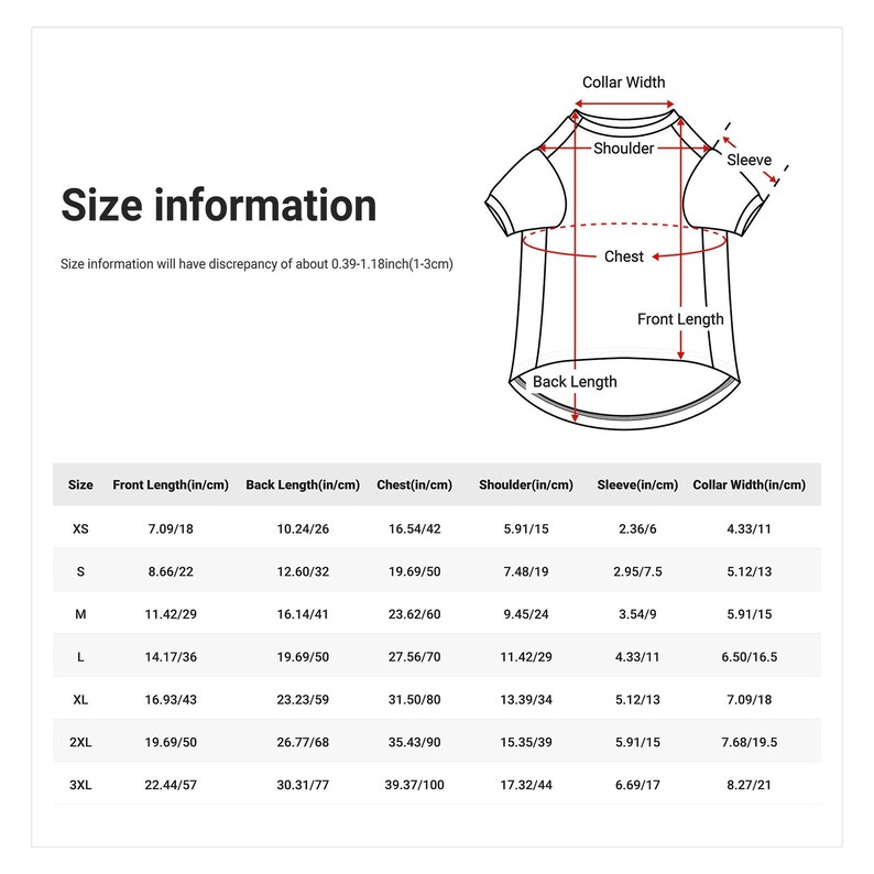 May include: Diagram of a t-shirt with size information. Measurements are provided in inches and centimeters for front length, back length, chest, shoulder, sleeve, and collar width. Sizes range from XS to 3XL.