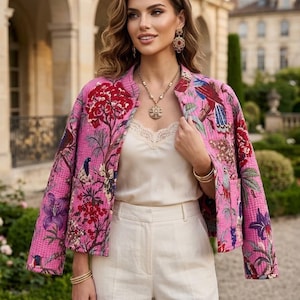 Pink Reversible Fuchsia Floral Cotton Quilted Jacket - Charcoal Gray Block Print Indian Fabric Boho Statement Coat