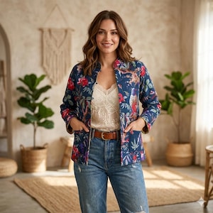 Puede incluir: Una chaqueta acolchada azul marino con un estampado floral y de aves en tonos rojos, verdes y amarillos. La chaqueta tiene mangas largas, cuello mao y dos bolsillos delanteros. Se lleva sobre una camiseta de encaje color crema y vaqueros azules.
