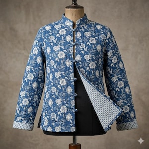 Könnte beinhalten: Eine gesteppte Jacke in Blau mit weißem Blumenmuster, ausgestattet mit einem Stehkragen und fünf Stoffknebelverschlüssen auf der Vorderseite. Das Innenfutter und die umgeschlagenen Ärmelbündchen zeigen ein kleineres, weiß-blaues Blumenmuster.