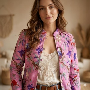 Könnte beinhalten: Eine gesteppte Jacke in leuchtendem Pink mit einem mehrfarbigen Blumen- und Pflanzenmuster, langen Ärmeln und einer geraden Vorderöffnung. Die Jacke wird über einem cremefarbenen Unterhemd mit zarter Spitzenborte und einem braunen Ledergürtel getragen.
