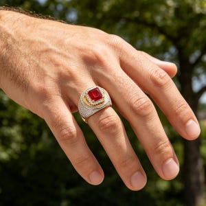 Puede incluir: Un anillo de oro con una gran piedra roja rectangular facetada en el centro, rodeada por un halo de pequeñas piedras blancas. La banda ancha está incrustada con numerosas piedras blancas diminutas en toda la superficie visible.