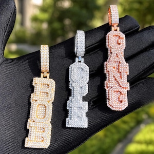 Collar vertical personalizado con letras de burbujas, colgante con nombre 3D con incrustaciones de diamantes para hombre, joyería hip hop personalizada, cadena con iniciales apiladas y brillantes