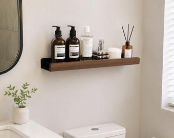 Walnuss Badezimmerregal, schwarzes schwebendes Aluminiumregal, an der Wand befestigtes Lagerregal, Dusche Organizer, rustikales Badezimmerdekor