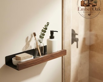 Solid Wood Bathroom Shelf | No Drill Wall Mounted Storage Rack | Rustic Bathroom Organizer | Punch-Free Wooden Shower Shelf