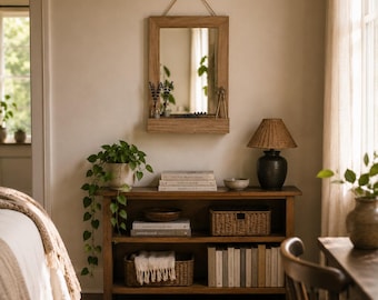 Rustic Wood Wall Mirror with Shelf, Farmhouse Bathroom Vanity Mirror, Hanging Rope Entryway Bedroom Decorative Mirror 16x20