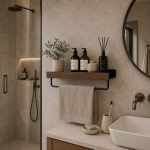 Puede incluir: Un estante de baño de madera montado en la pared con una barra de metal negro que sostiene una toalla beige. El estante contiene dos botellas de bomba de color ámbar, un frasco de cerámica, un difusor de varillas y una planta verde.